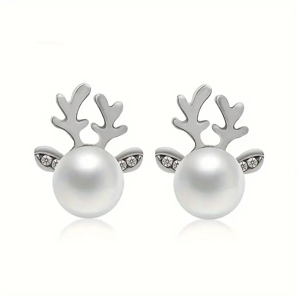 Elegant Holiday Christmas Antler Stud Earrings with Pearl Style Beads and Crysta